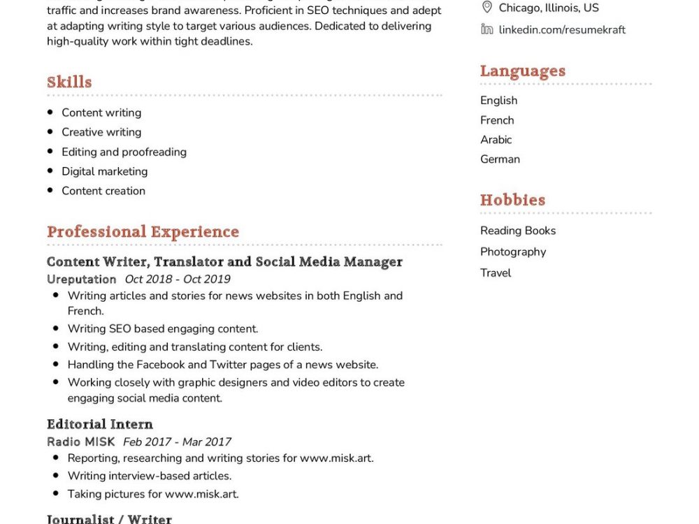 Content Writer Resume Example In Resumekraft