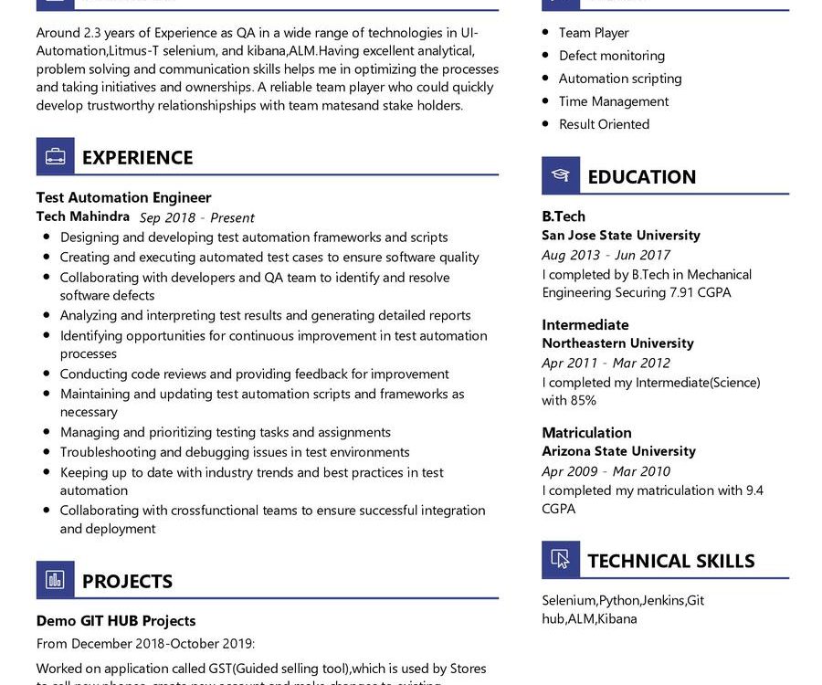 Test Automation Engineer Cv Sample In Resumekraft