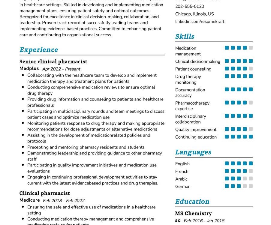 Senior Clinical Pharmacist Resume Sample In Resumekraft