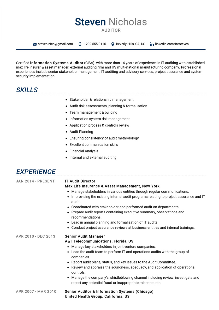 Auditor Resume Example  CV Sample Guide [21] - ResumeKraft Inside Information System Audit Report Template