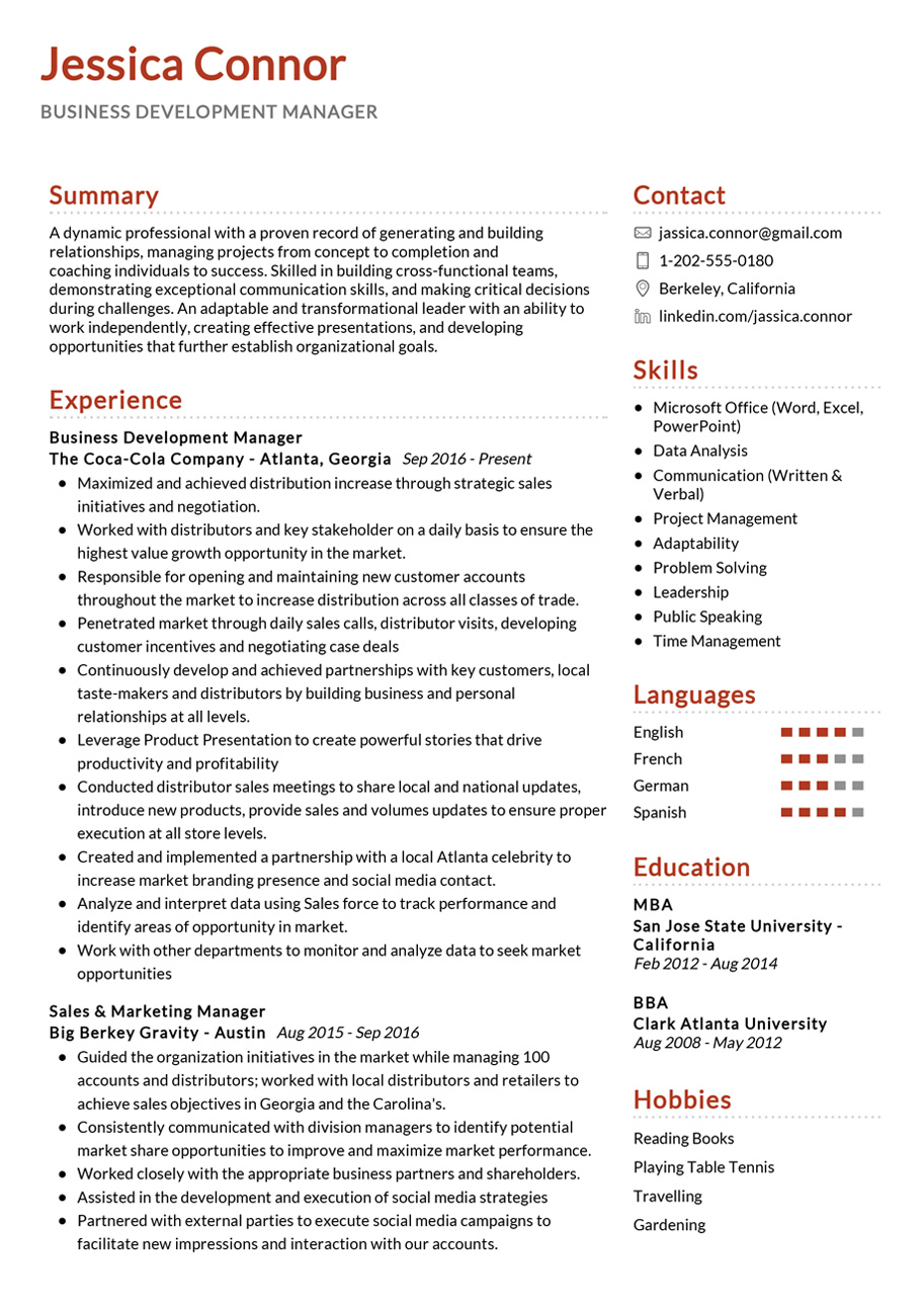 business development manager resume example