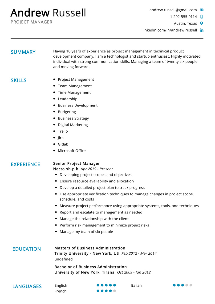 project manager resume template free