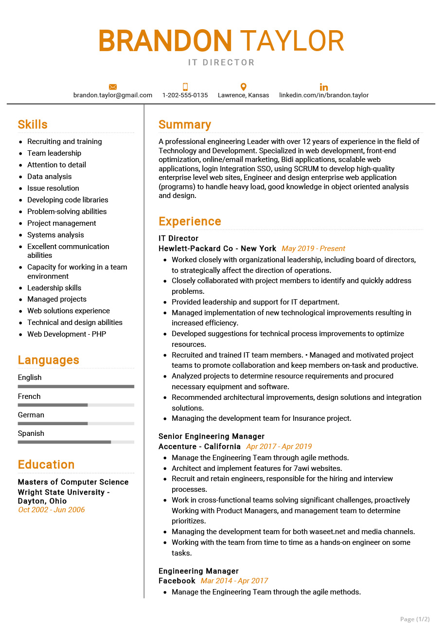 IT Director Resume Example | CV Sample 2020 - ResumeKraft