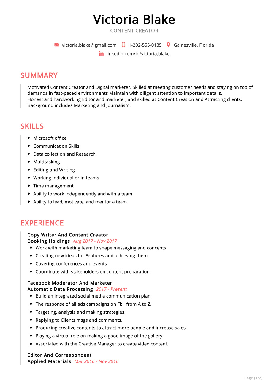 Content Creator Resume Example 2023 Writing Tips ResumeKraft