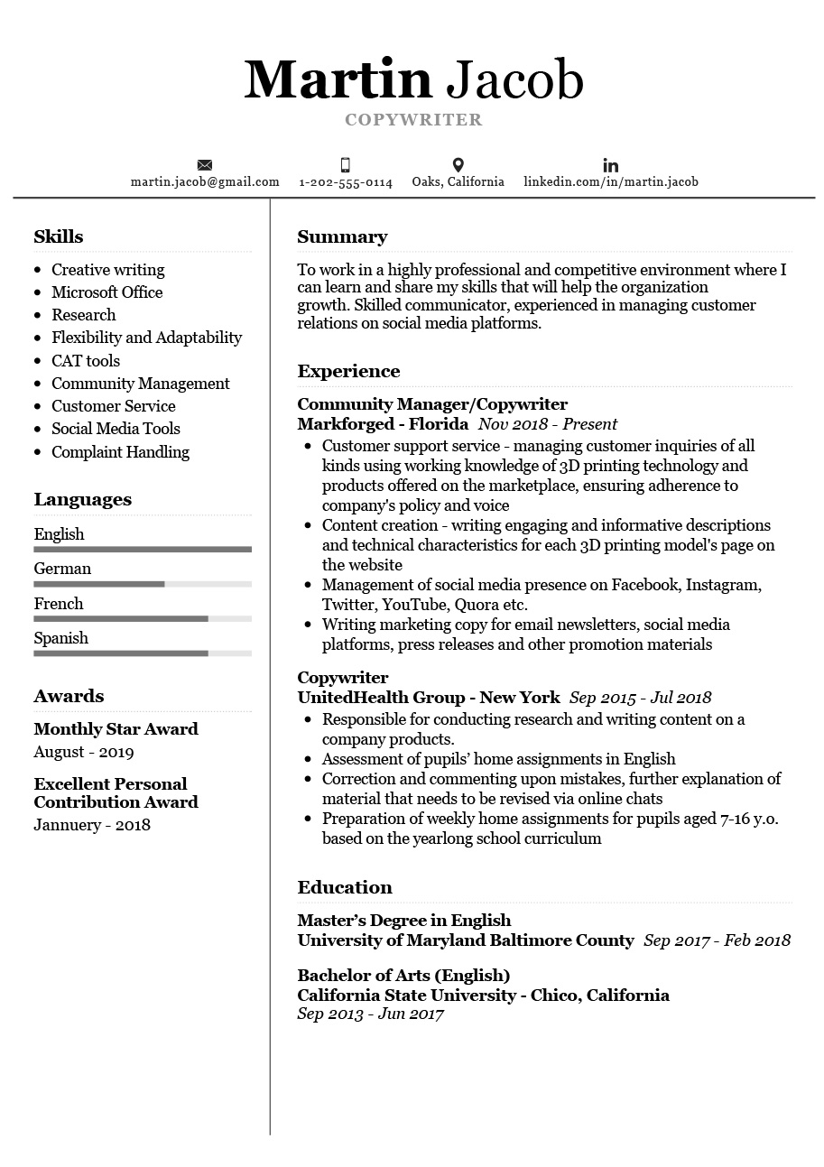 Copywriter Resume Example  CV Sample [27] - ResumeKraft