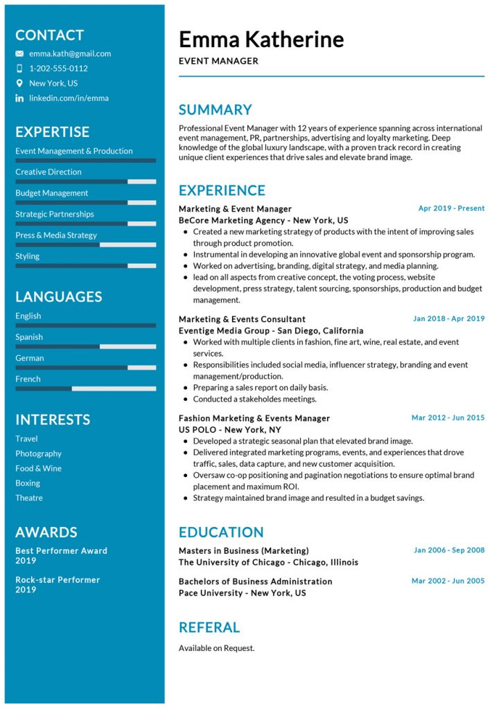 Event Manager Resume Example
