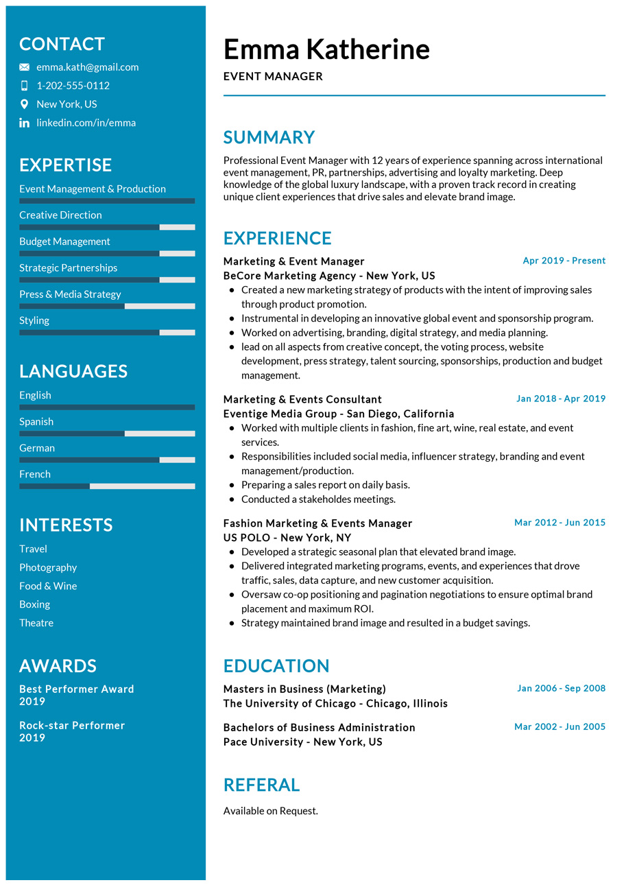 Event Manager Resume Example | CV Sample 2020 - ResumeKraft