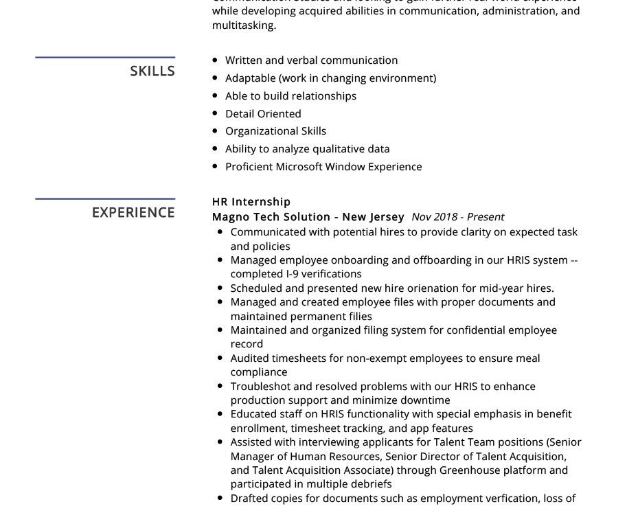 HR Internship Resume Example