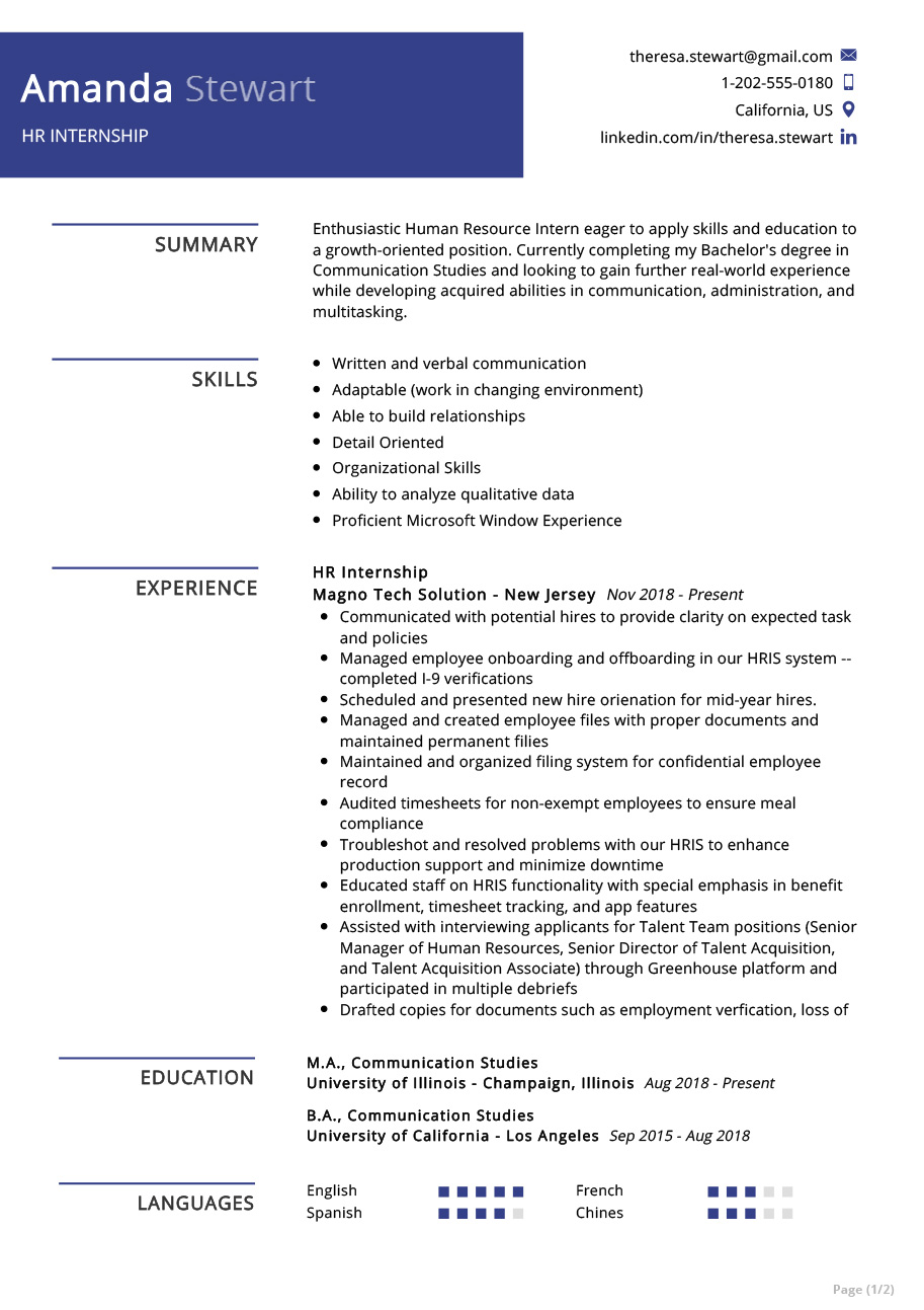 resume examples for an internship