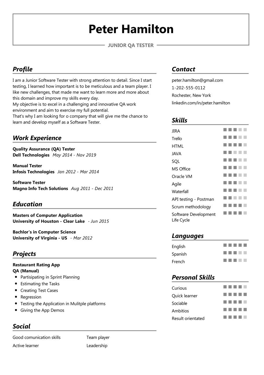 Junior QA Tester Resume Example | CV Sample [2020] - ResumeKraft