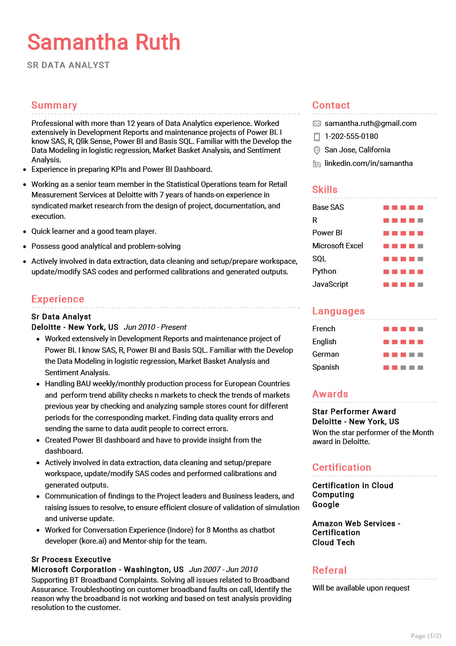 Senior Data Analyst Resume Example | CV Sample 2020 - ResumeKraft