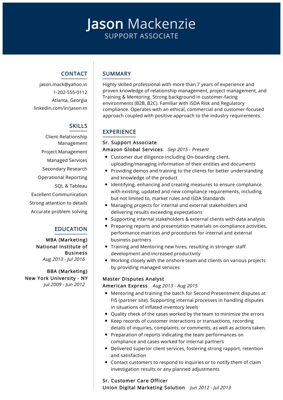 support associate resume example