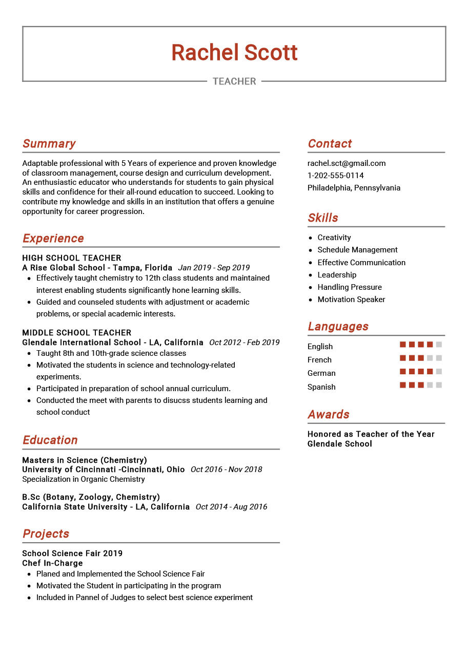 Teacher Resume Example  Resume Sample 28 - ResumeKraft