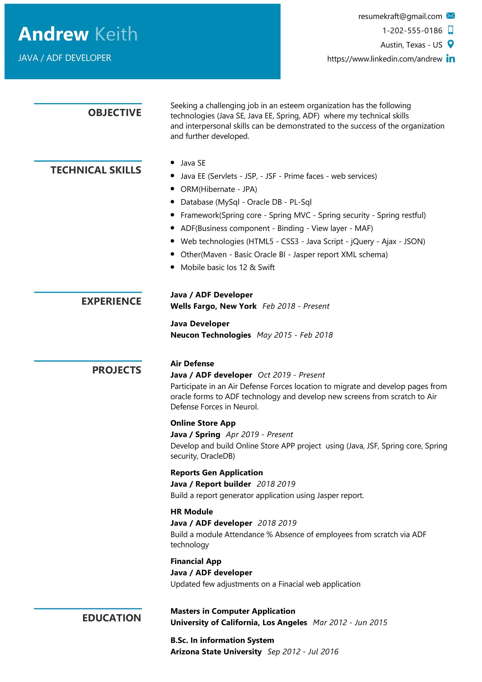 best resume format for java developer fresher