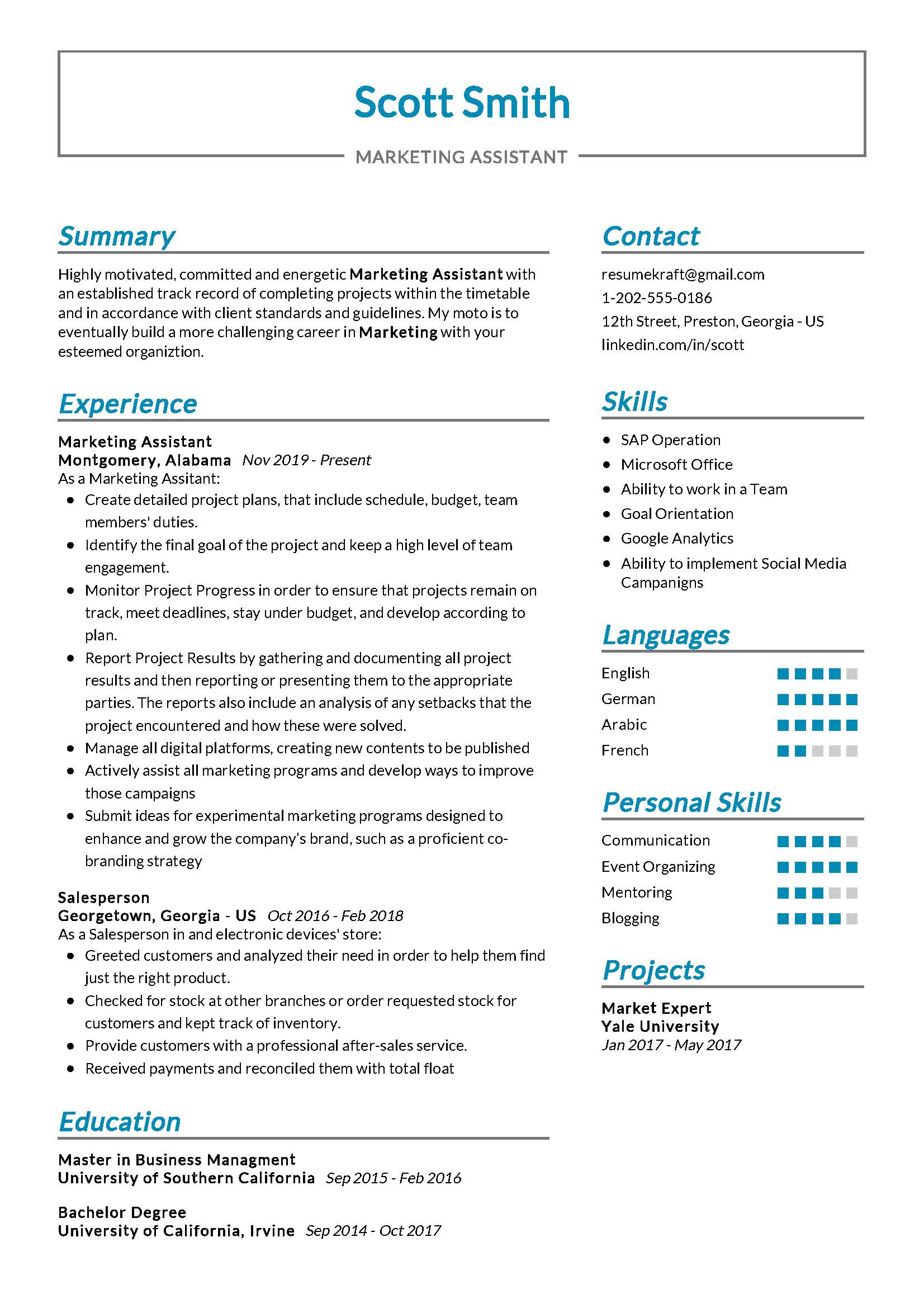 resume job description marketing assistant