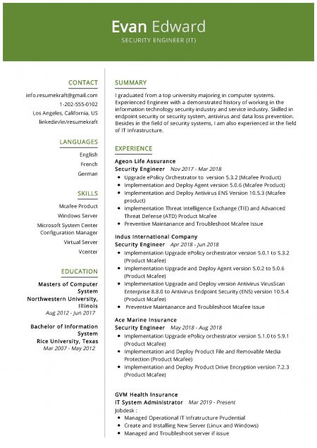 Security Engineer (IT) Resume Sample