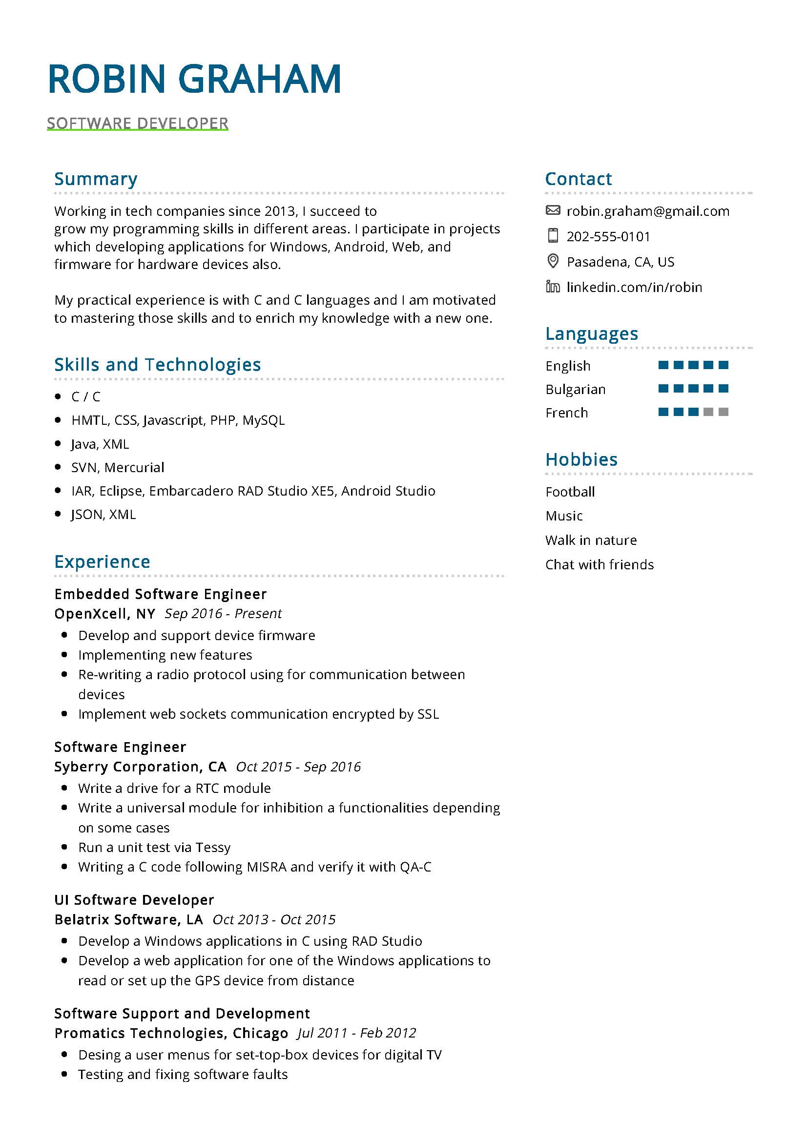 How To Make Resume For Software Developer