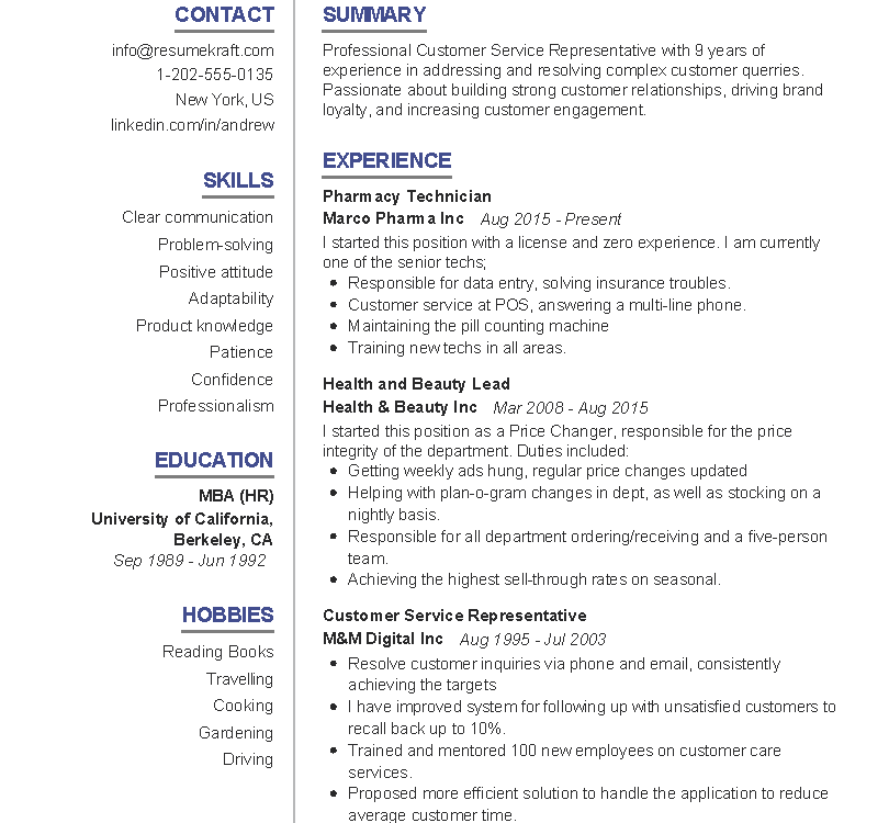 Customer Service Resume Sample