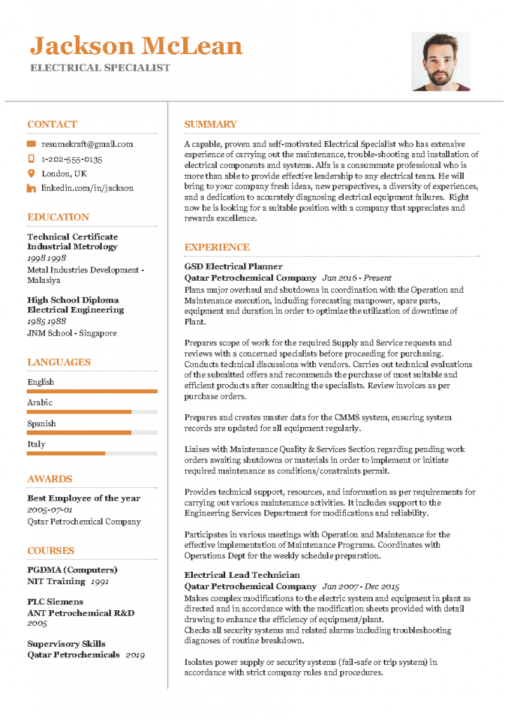 Electrical Specialist Resume Example