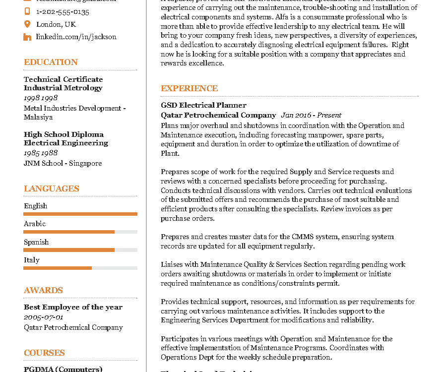 Electrical Specialist Resume Example