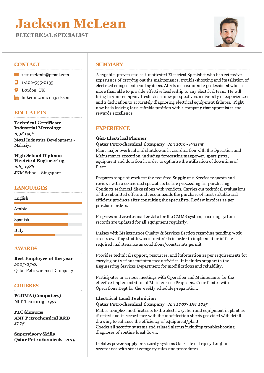 Electrical Specialist Resume Example PDF Download ResumeKraft