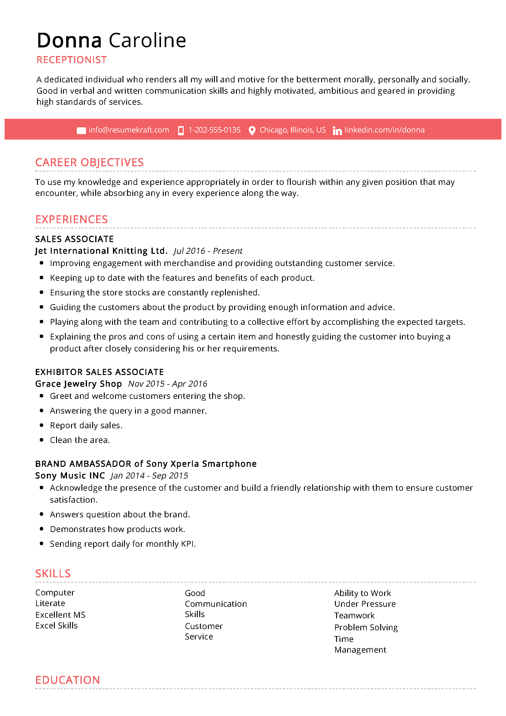 receptionist resume format download