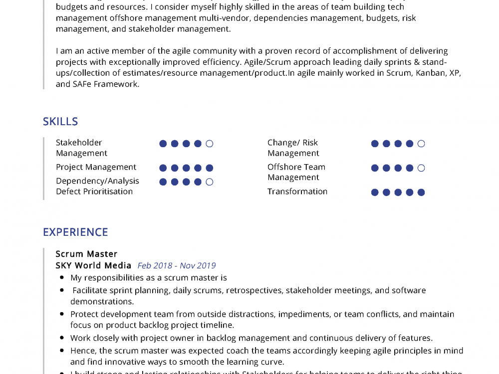 scrum master project manager resume