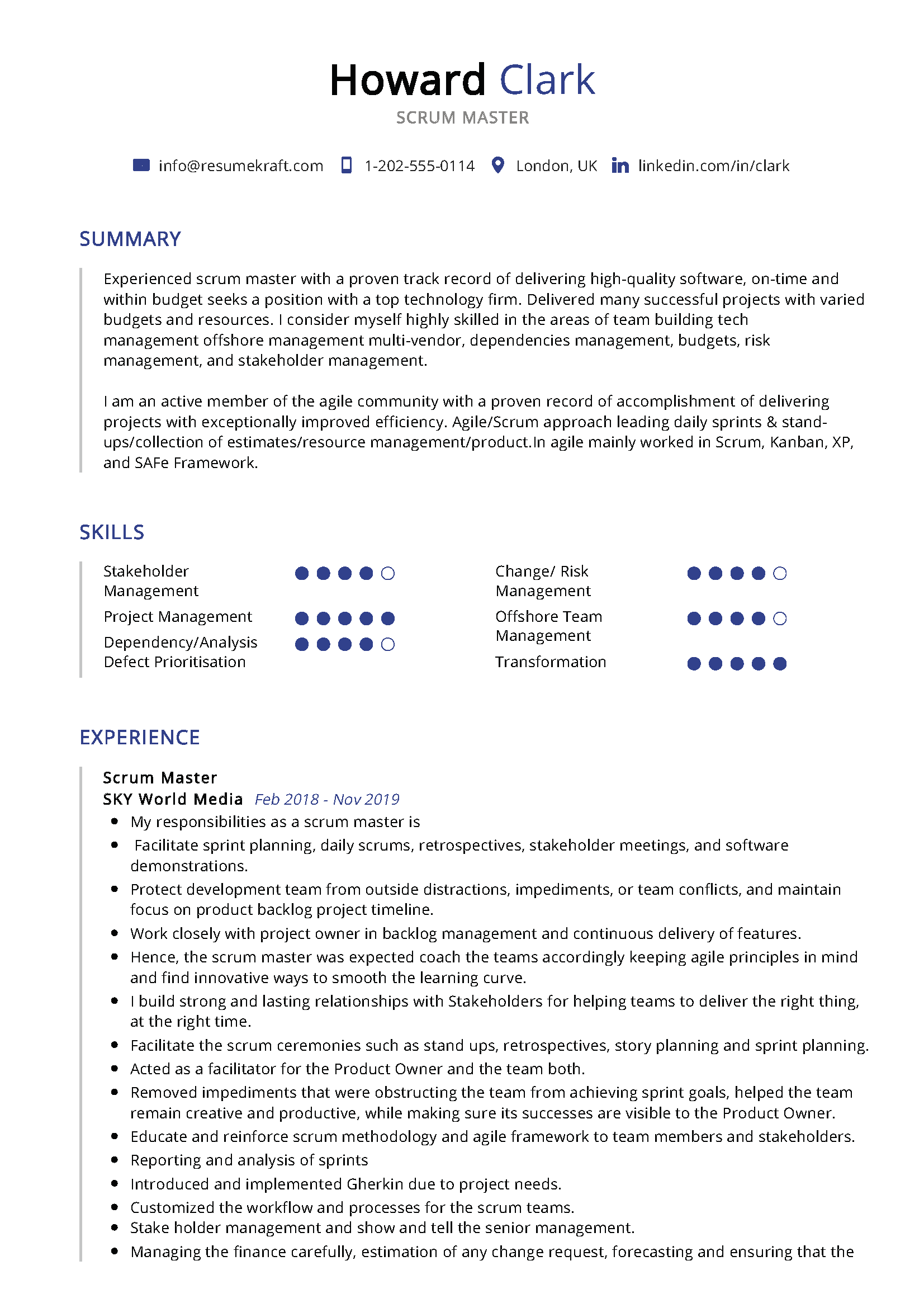 resume sample for scrum master