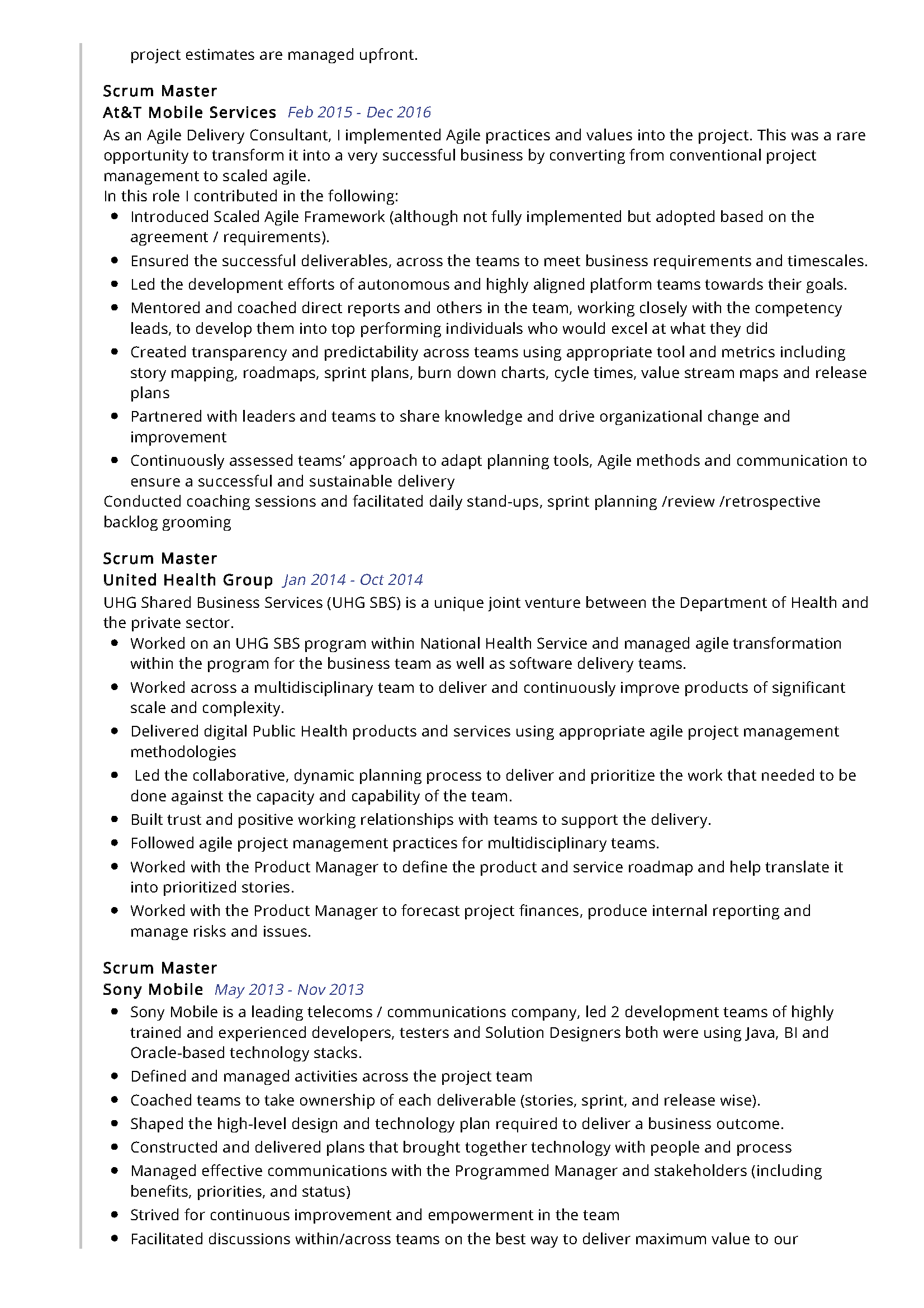 scrum master project manager resume
