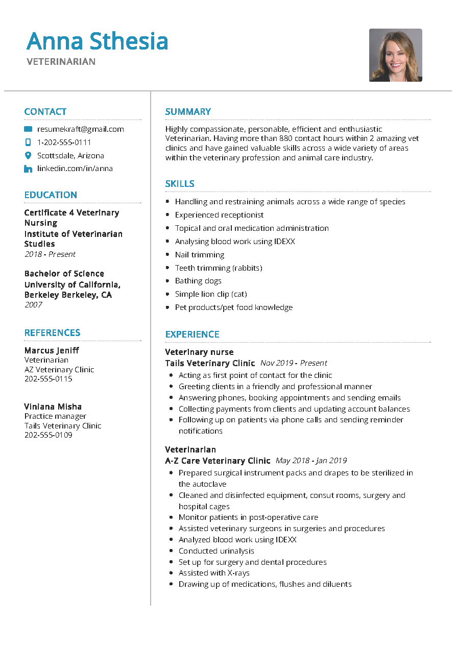 resume for vet school application