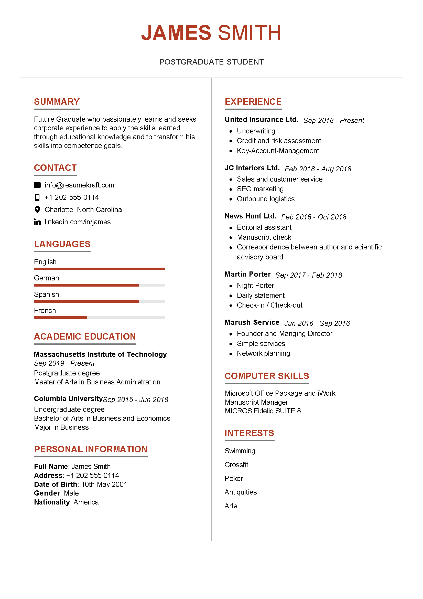 student cv template tabular form