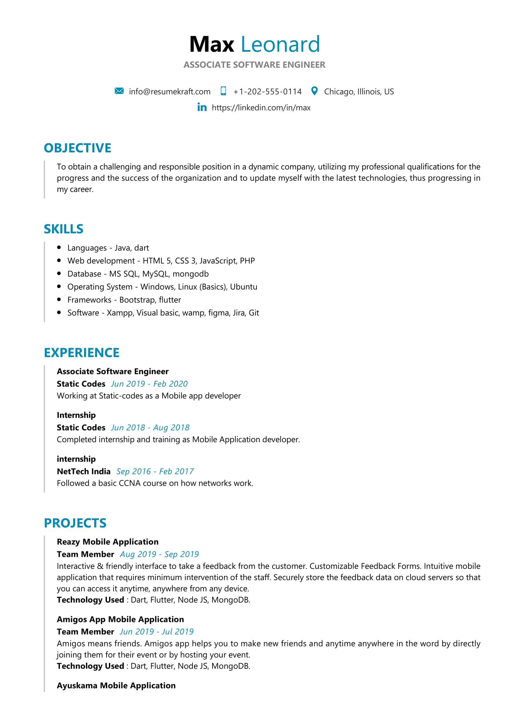 resume template for fresher software engineer