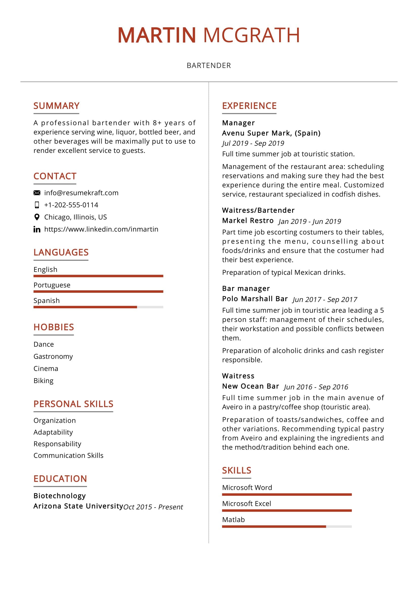 bartender skills for resume sample