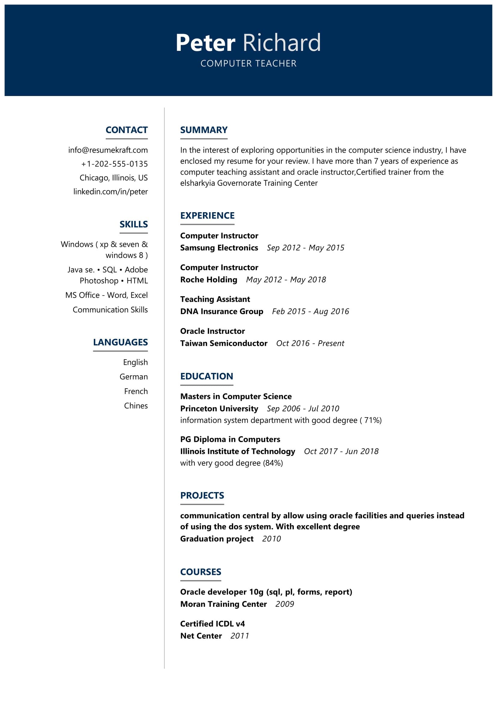 resume for computer teacher fresher in school