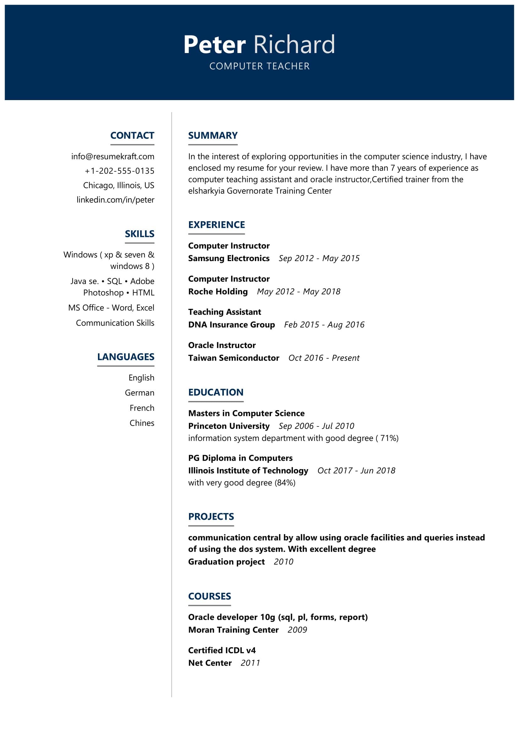 resume format of computer teacher