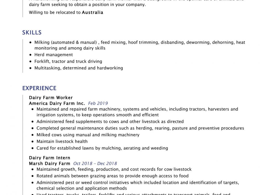 sample resume for dairy farm worker