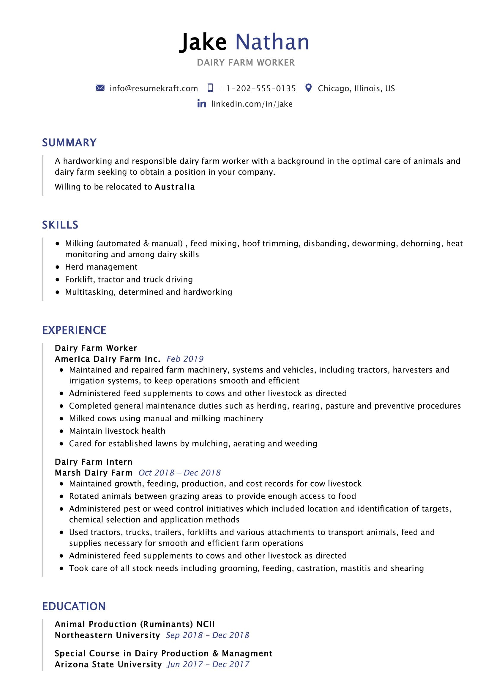 farm work experience resume