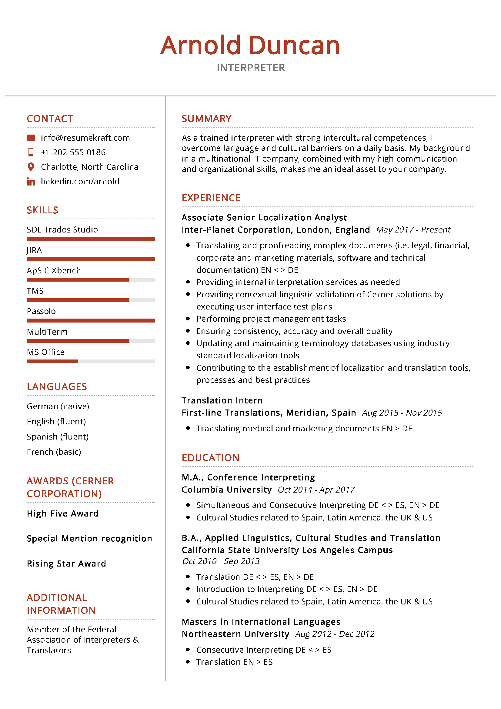 Interpreter Resume Sample - ResumeKraft