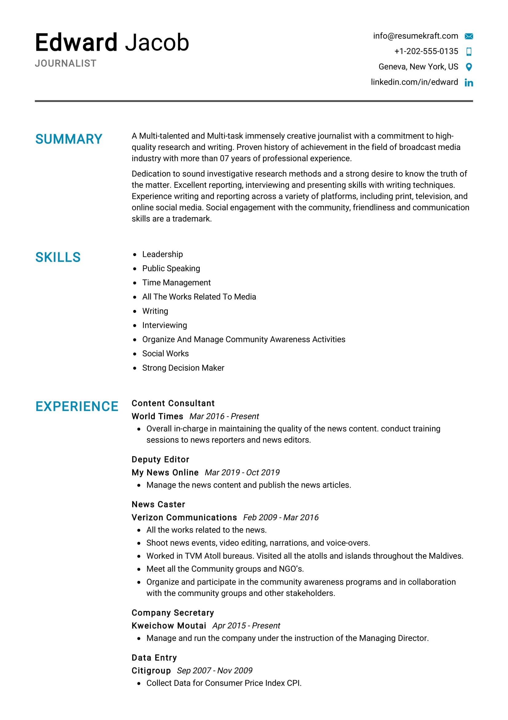 personal statement for journalist resume