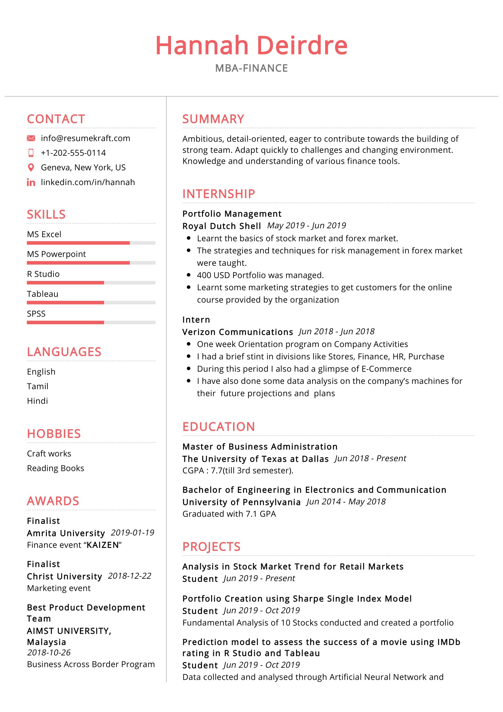 Mba Student Resume Sample