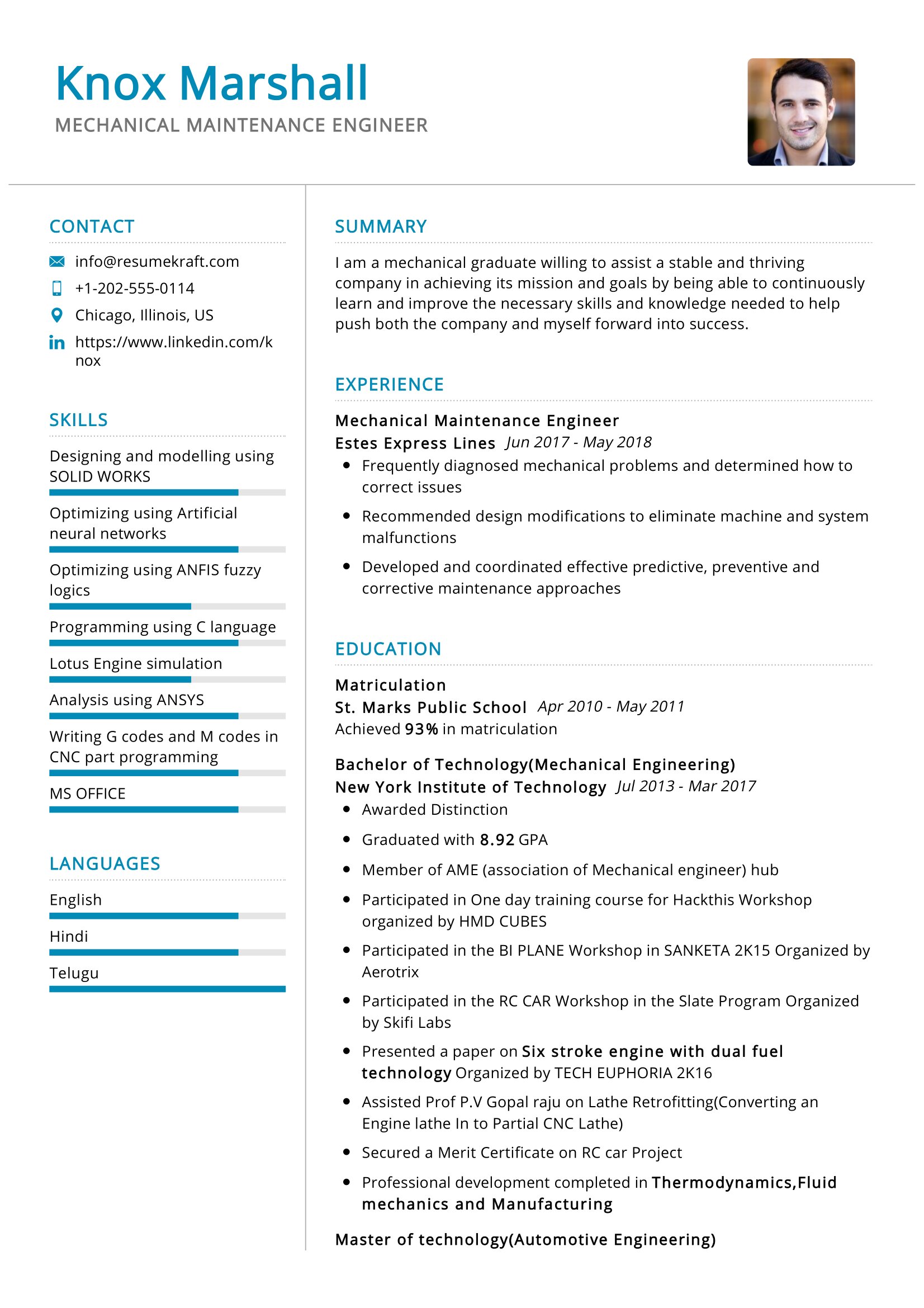 experience resume format for service engineer