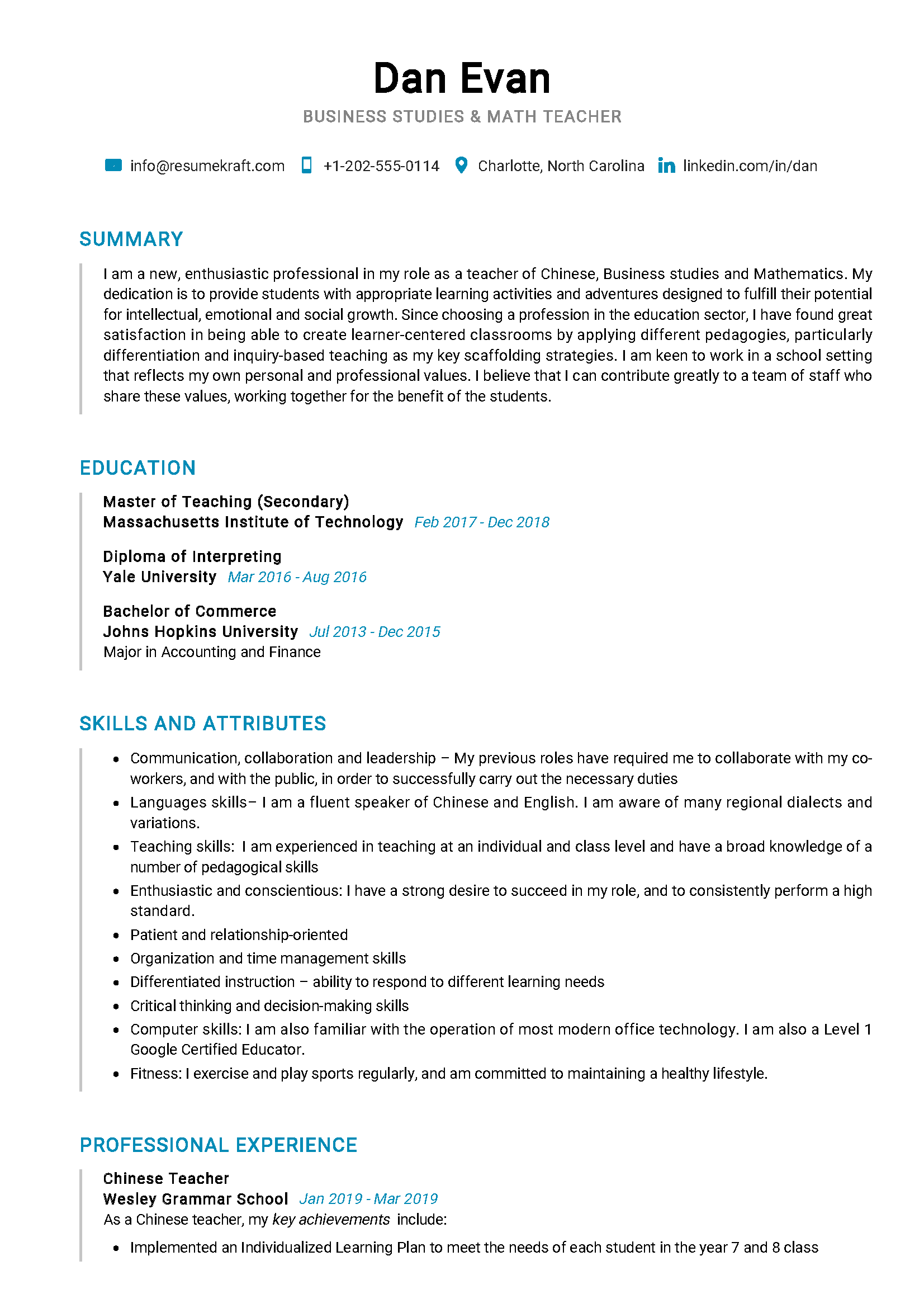 Teacher Cv Summary Sample