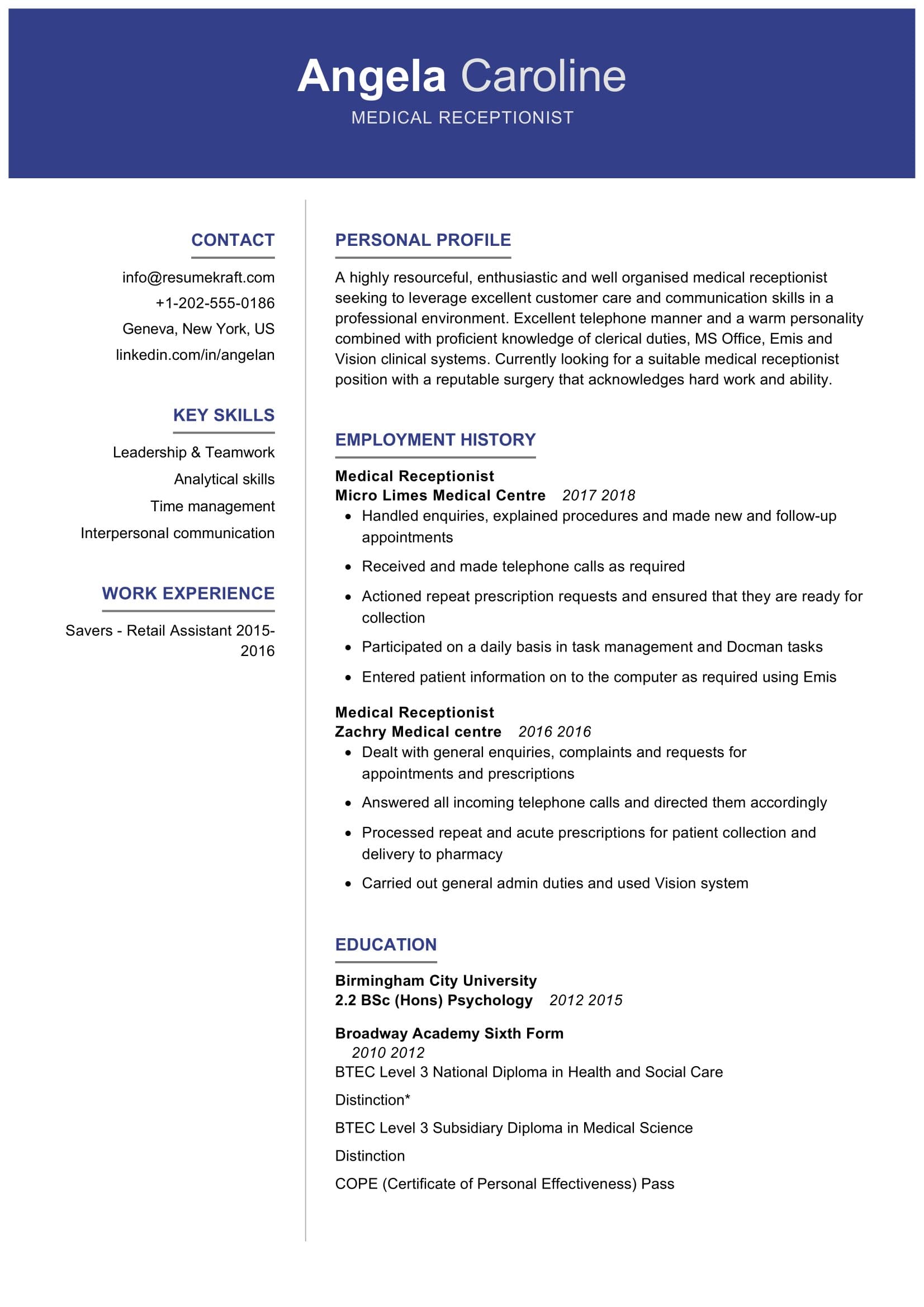 Medical Receptionist Resume Sample 