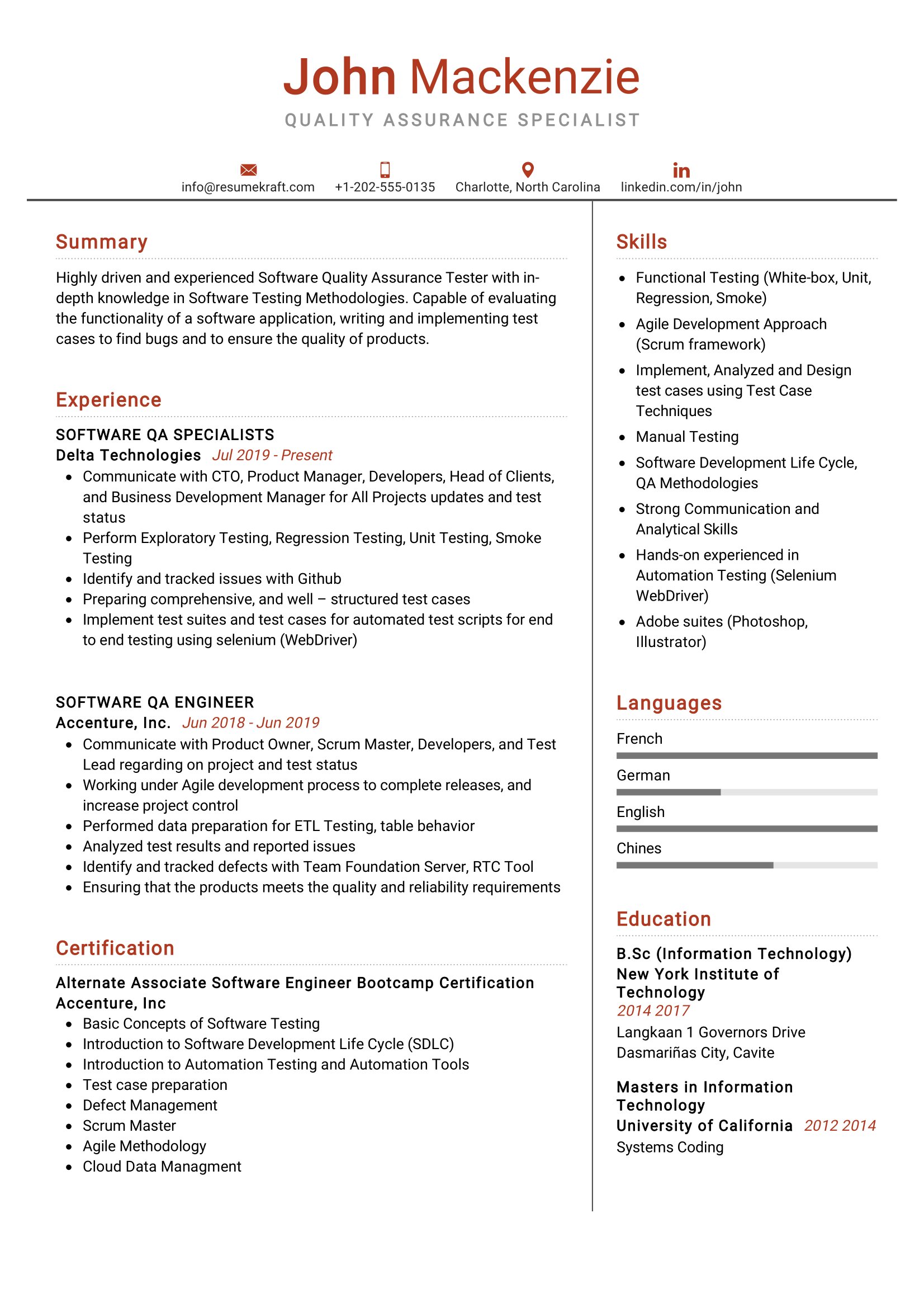 Quality Assurance Specialist Resume Sample - ResumeKraft