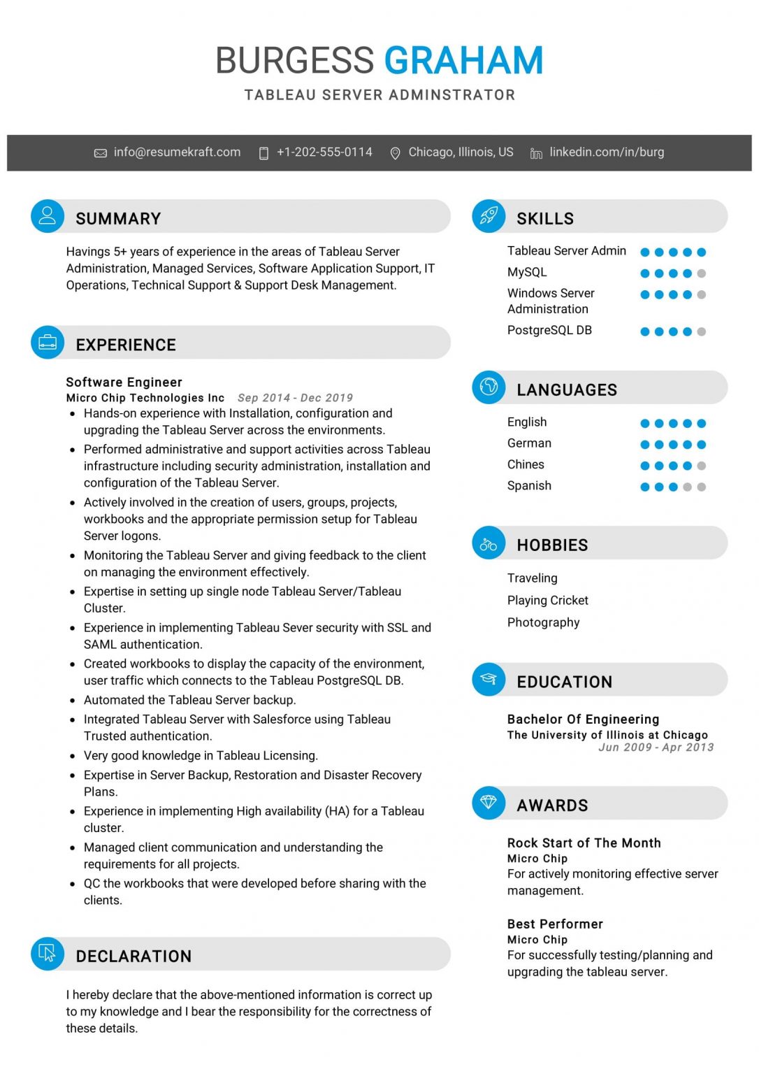 Tableau Resume Sample