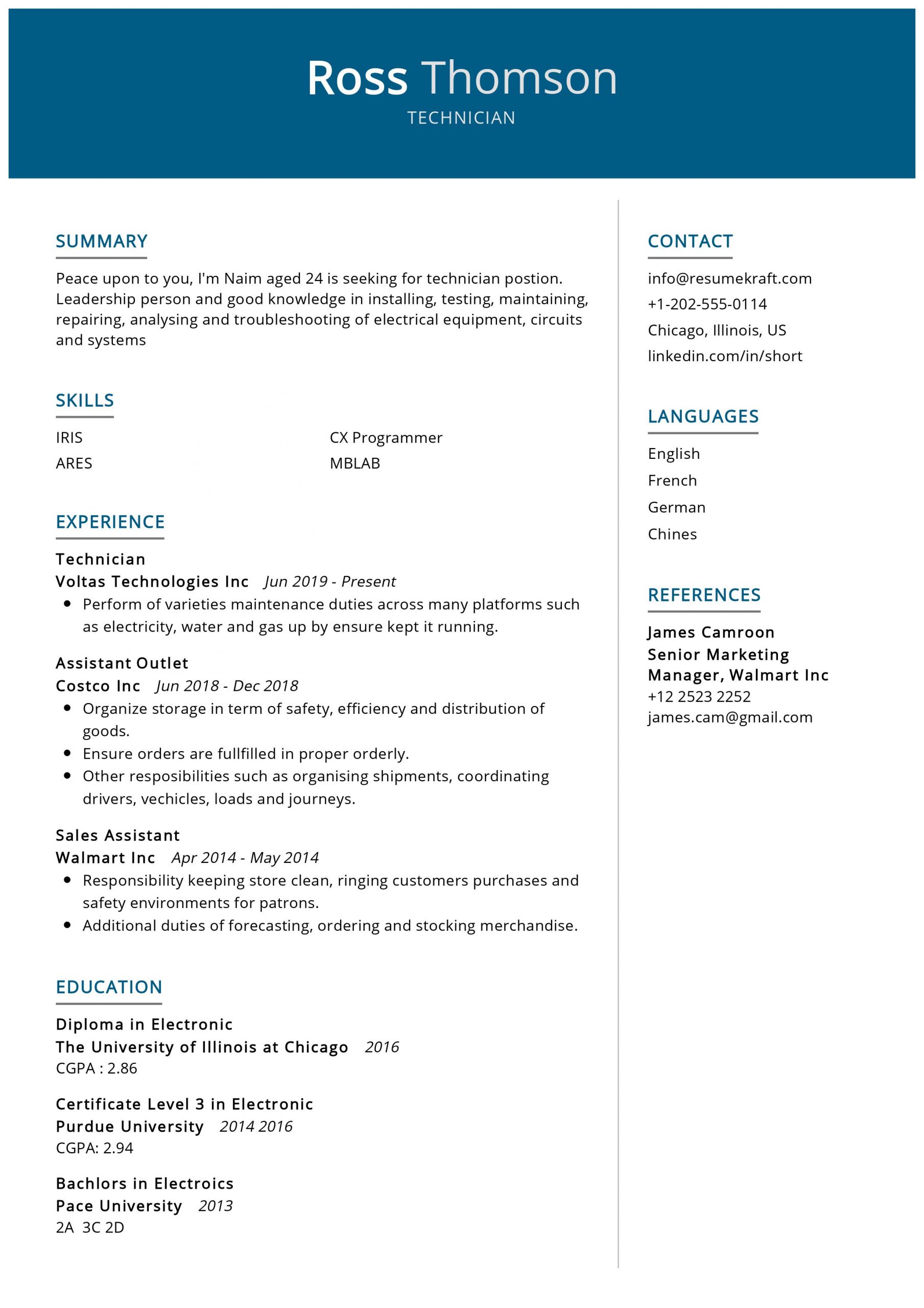 simple resume format for technician