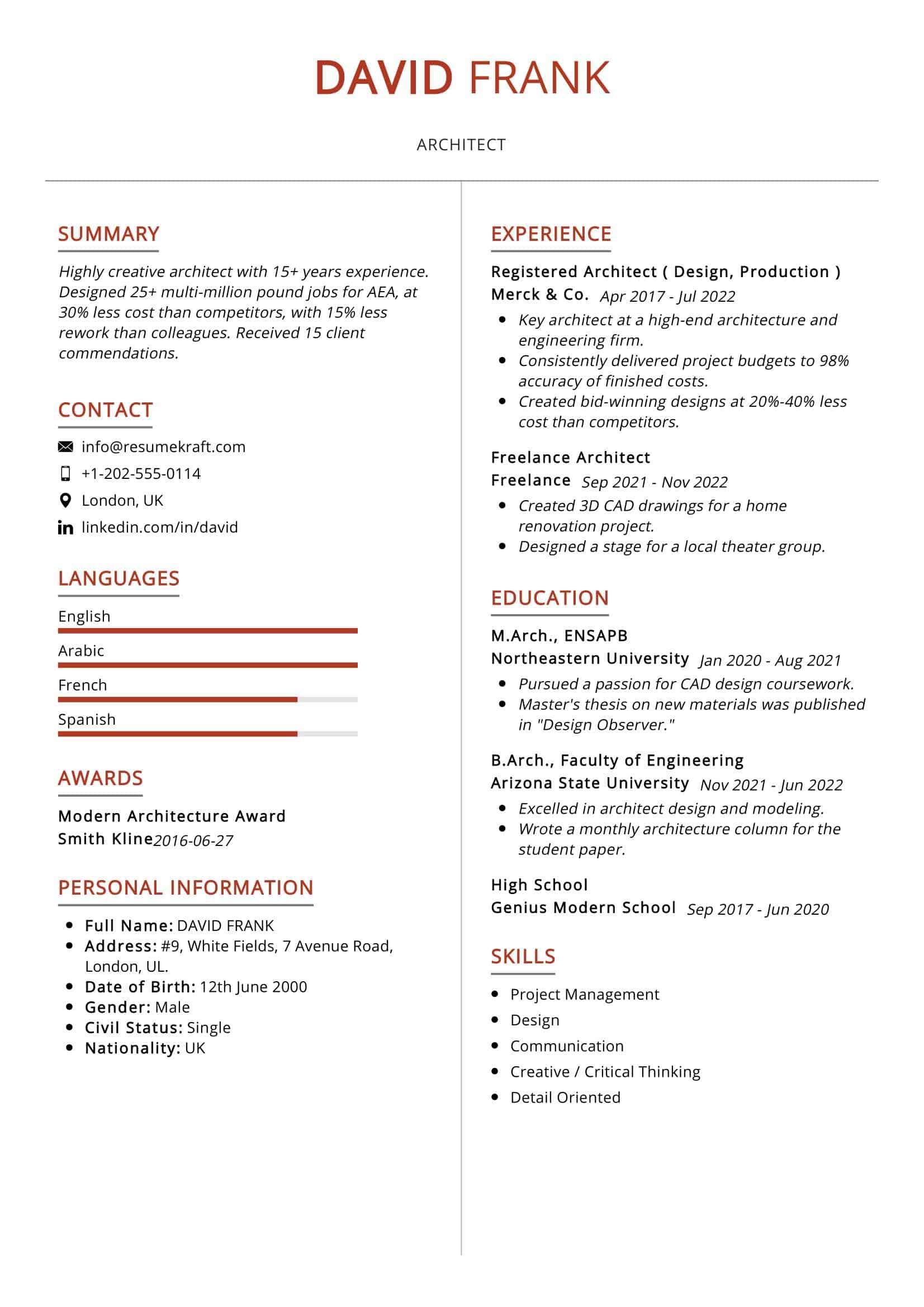 Architect Resume Sample In 2024 ResumeKraft