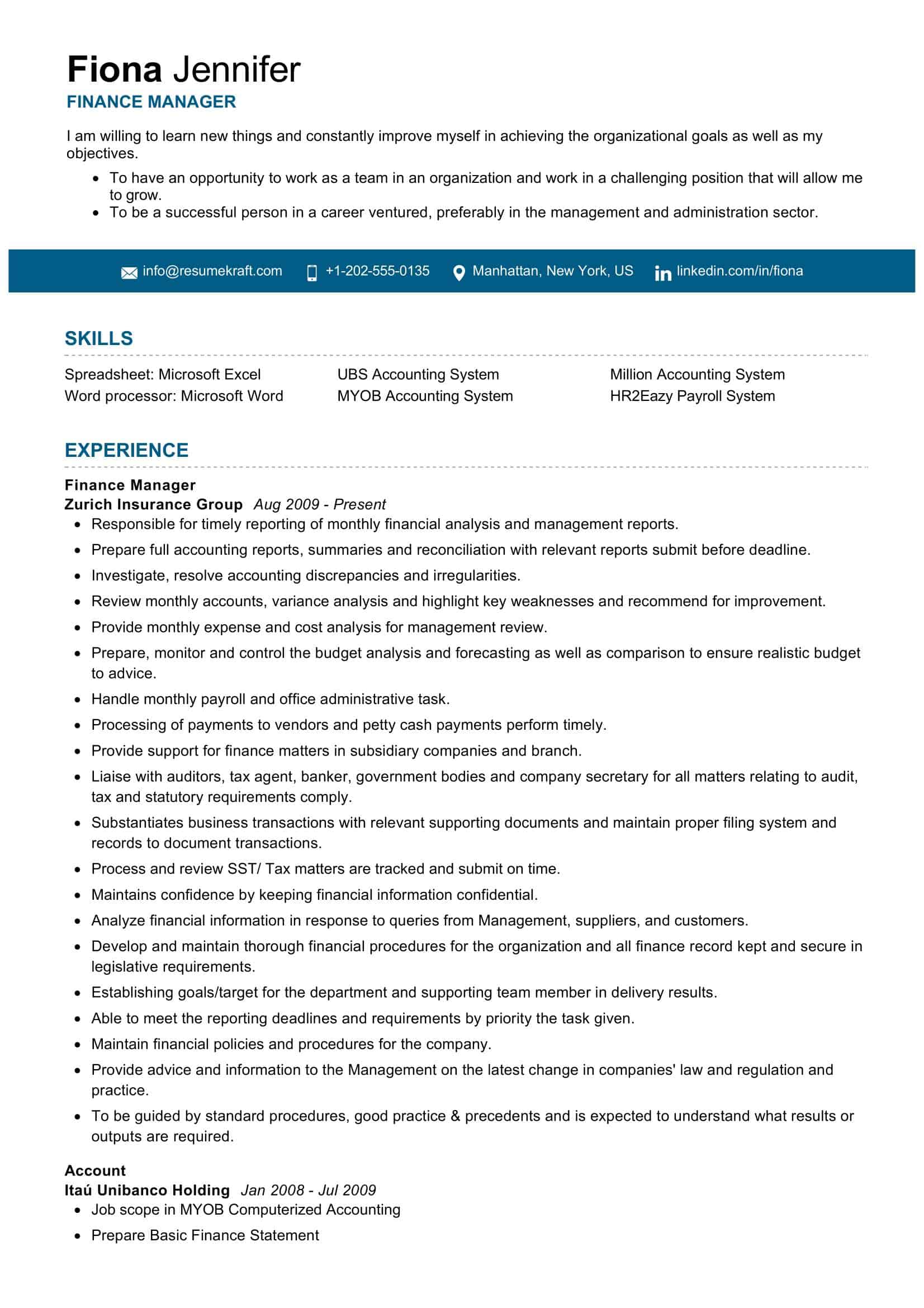 Example Cv For Finance Manager  Assistant Finance Manager Resume
