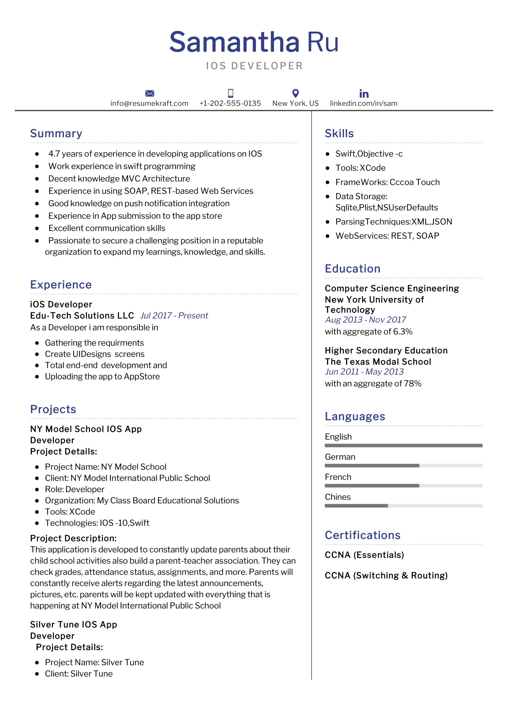 sample resume for ios developer