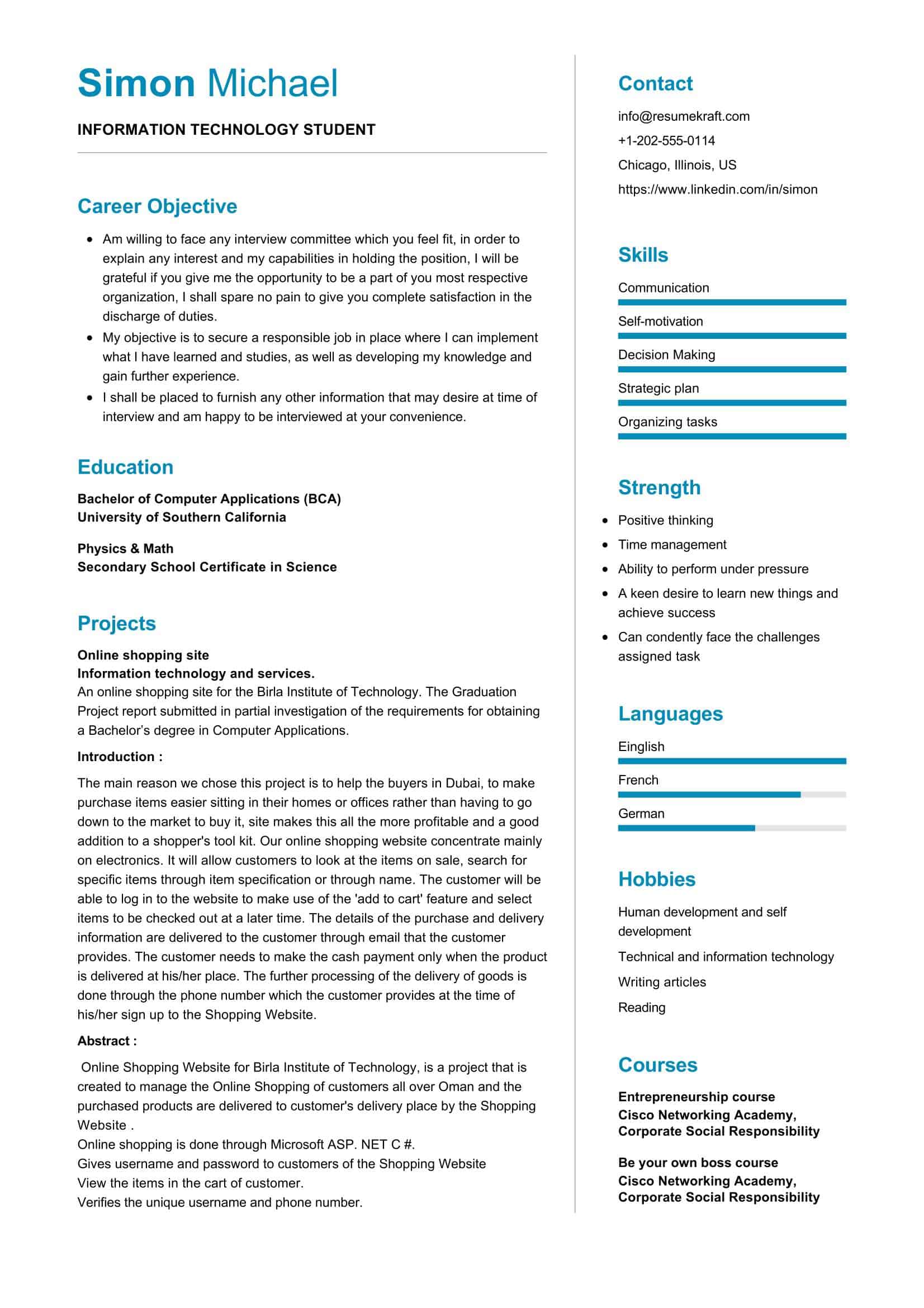 sample resume bsit student